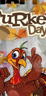 Happy Turkey Day wallpaper with a cheerful turkey and autumn leaves.