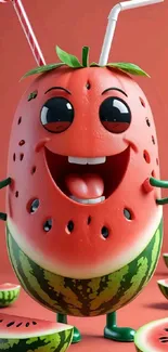 Cheerful cartoon watermelon with a smile and vibrant background.