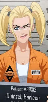 Harleen Quinzel animated wallpaper with orange outfit and mugshot background.