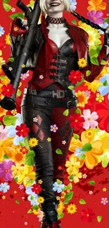 Colorful harlequin with flowers on a red background.