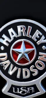 Harley Davidson logo design with silver and red star on black background.