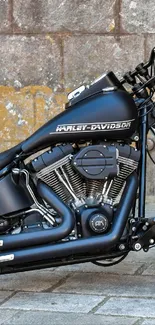 Harley Davidson motorcycle with chrome engine against a rustic wall.