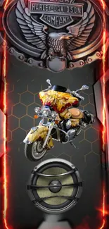 Harley Davidson emblem with industrial design on phone wallpaper.