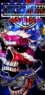 Harley Davidson themed skull and motorcycle with lightning in vibrant colors.