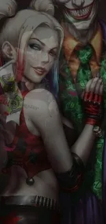 Harley Quinn and Joker digital artwork in vibrant colors.