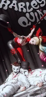 Harley Quinn performing with two masked characters on stage.