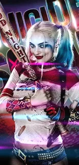 Harley Quinn holding bat in colorful wallpaper.