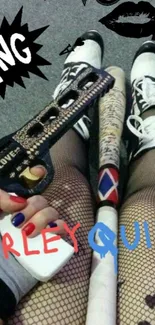 Harley Quinn themed comic-style wallpaper with iconic bat and vibrant colors.