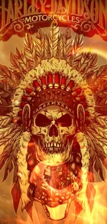 Harley-Davidson tribal skull design wallpaper with warm orange hues.