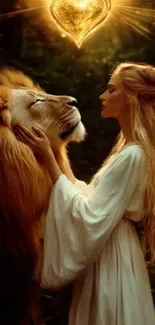Woman in harmony with a majestic lion under a glowing heart.
