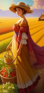 Woman holding basket in golden harvest field.