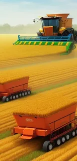 Combine harvester in a golden wheat field under blue sky.