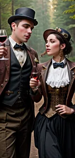 Steampunk couple elegantly walking in forest with wine glasses.