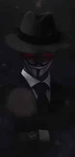 Mysterious masked figure in suit and fedora, dark theme with moody lighting.