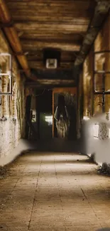 Abandoned corridor with eerie shadows, creating a haunted ambiance.