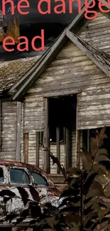 Abandoned house with eerie skeleton and rusty car wallpaper.