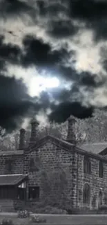 Dark, haunted Abbey House with moonlit night clouds.