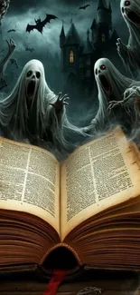 Open book with ghosts and bats in a haunted setting.