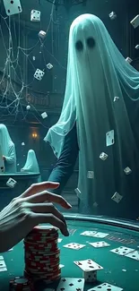 Ghostly figures in haunted casino with floating playing cards.