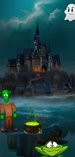 Haunted castle with ghost and frog illustration.