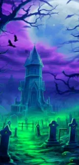 Haunted castle under a mystical purple sky with bats and eerie graves.