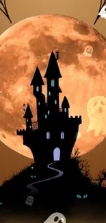 Haunted castle silhouette under full moon with ghostly figures.