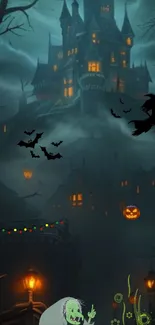 Gothic haunted castle with bats and witch flying on Halloween night.