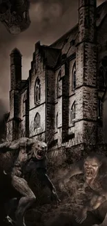 Eerie haunted castle with monsters in a dark, gothic setting.