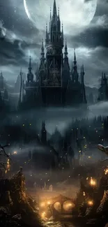 A haunted castle under a full moon with eerie surroundings.
