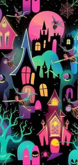 Colorful spooky scene with witches and haunted castle.