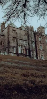 Dark haunted castle surrounded by trees at night.