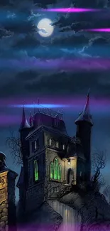 Dark blue haunted castle under a glowing moonlit sky wallpaper.