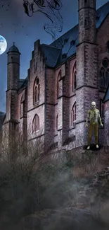 Haunted castle under a full moon with an eerie figure.