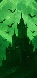 Haunted castle with bats and a full moon at night.