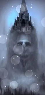 Ghostly face with castle in foggy backdrop on mobile wallpaper.