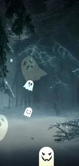 Cartoon ghosts float in a dark, snowy forest.