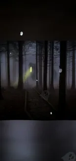 Eerie forest with a haunted path and ghostly figures on mobile wallpaper.