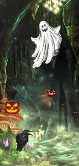 Dark forest with ghost, pumpkins, and glowing decorations.