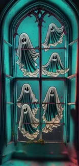 Ghosts behind a gothic window with teal hues.