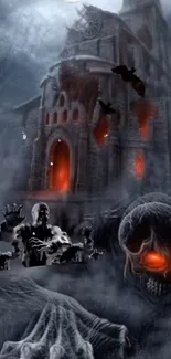 Gothic castle with skulls and glowing red eyes wallpaper.