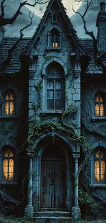 Gothic haunted house with eerie lights.