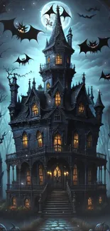 Gothic mansion under moon with bats.