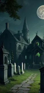 Haunted Gothic mansion under a full moon with tombstones and eerie light.