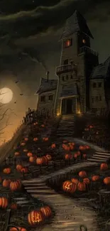 Spooky haunted house with pumpkins under a stormy night sky.