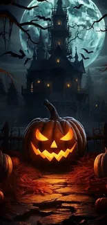 Dark Halloween scene with haunted house and lit pumpkin.