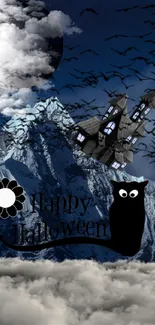 Spooky Halloween wallpaper with haunted house and dark mountain.