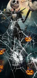 Halloween wallpaper with skeleton, shattered glass, pumpkins, and full moon.