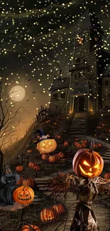 Haunted house with pumpkins under a full moon in eerie Halloween scene.