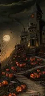 Spooky haunted house with pumpkins under a dark gray moonlit sky.