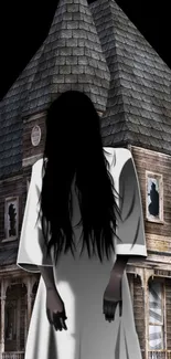 Dark figure in front of a haunted, gothic house, creating an eerie wallpaper scene.